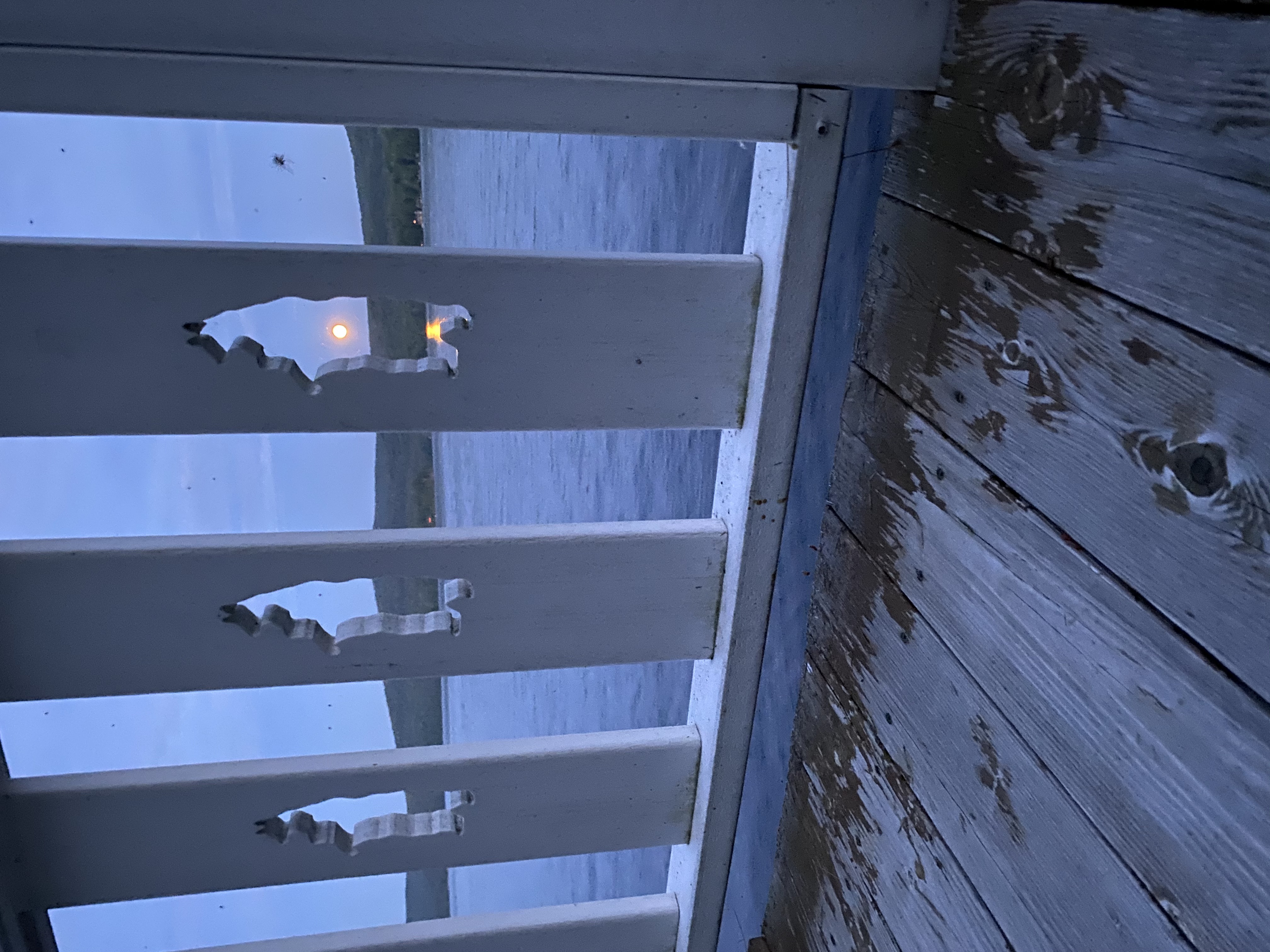 Bear cutouts in the railing at moonrise